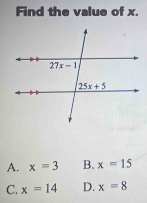 Find the value of x.
A. x=3 B. x=15
C. x=14 D. x=8