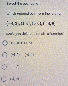 Select the best option.
Which ordered pair from the relation
(-4,2),(1,6),(0,0),(-4,6)
could you delete to create a function?
(0,0) or (1,6)
(-4,2) or (-4,6)
(-4,2)
(-4,6)