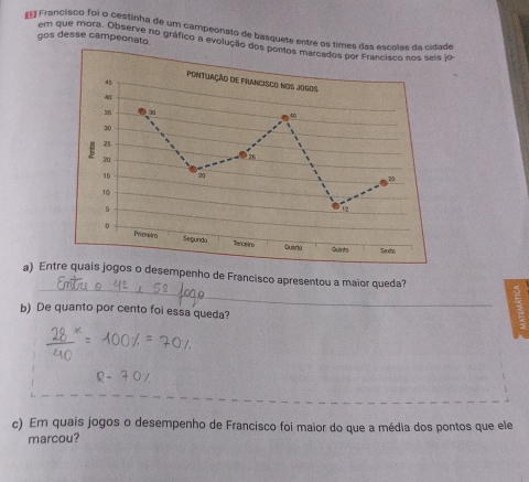 = Francisco foi o cestinha de um campeonato de basquete entre os times das ascrias do cidade 
gos desse campeonato em que mora. Observe no gráfico a evolução dos pontos marcados por Francisco nos seis jo 
Pontuação de FranciSCo nos JogOs
45
40
40
30
25
20
26
16 20
20
10
5
0
Primseiro Segunda Fanceiro 
Oueia Quints Sento 
_ 
a) Entre quais jogos o desempenho de Francisco apresentou a maior queda? 
b) De quanto por cento foi essa queda? 
c) Em quais jogos o desempenho de Francisco foi maior do que a média dos pontos que ele 
marcou?