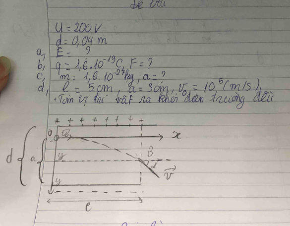 ae atl
u=200V
d=0.04m
a,E=
b, q=1, 6.10^(-19)C, F= 7
C, m=1, 6.10^(-27)kg; a= ? 
d, ell =5cm, a=3cm, upsilon _0=10^5(m/s)
Tom ii hai wā na hen deen daciong dei 
4 f f f f
vector CB
x
d a
B
d
y
e