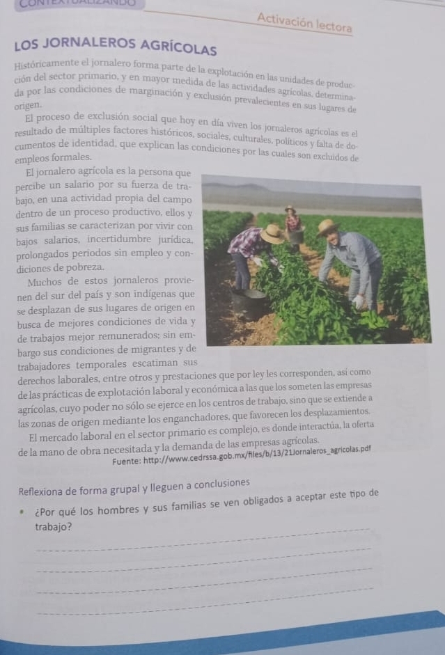 Activación lectora
LOS JORNALEROS AGRÍCOLAS
Históricamente el jornalero forma parte de la explotación en las unidades de produc
ción del sector primario, y en mayor medida de las actividades agrícolas, determina-
da por las condiciones de marginación y exclusión prevalecientes en sus lugares de
origen.
El proceso de exclusión social que hoy en día viven los jornaleros agrícolas es el
resultado de múltiples factores históricos, sociales, culturales, políticos y falta de do
cumentos de identidad, que explican las condiciones por las cuales son excluidos de
empleos formales.
El jornalero agrícola es la persona que
percibe un salario por su fuerza de tra
bajo, en una actividad propia del camp
dentro de un proceso productivo, ellos 
sus familias se caracterizan por vivir co
bajos salarios, incertidumbre jurídica
prolongados periodos sin empleo y con
diciones de pobreza.
Muchos de estos jornaleros provi
nen del sur del país y son indígenas qu
se desplazan de sus lugares de origen e
busca de mejores condiciones de vida
de trabajos mejor remunerados; sin em
bargo sus condiciones de migrantes y 
trabajadores temporales escatiman sus
derechos laborales, entre otros y prestaciones que por ley les corresponden, así como
de las prácticas de explotación laboral y económica a las que los someten las empresas
agrícolas, cuyo poder no sólo se ejerce en los centros de trabajo, sino que se extiende a
las zonas de origen mediante los enganchadores, que favorecen los desplazamientos.
El mercado laboral en el sector primario es complejo, es donde interactúa, la oferta
de la mano de obra necesitada y la demanda de las empresas agrícolas.
Fuente: http://www.cedrssa.gob.mx/files/b/13/21Jornaleros_agricolas.pdf
Reflexiona de forma grupal y lleguen a conclusiones
¿Por qué los hombres y sus familias se ven obligados a aceptar este tipo de
trabajo?
_
_
_