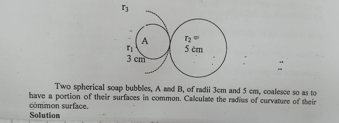 Two spherical soap bubbles, A and B, of radii 3cm and 5 cm, coalesce so as to
have a portion of their surfaces in common. Calculate the radius of curvature of their
cómmon surface.
Solution