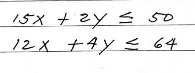 15x+2y≤ 50
12x+4y≤ 64