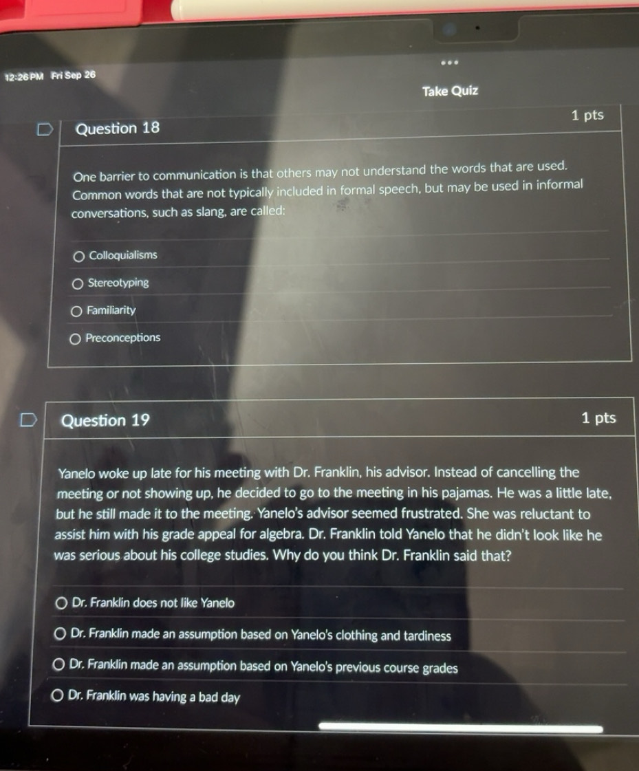 Solved: 12:26 PM Fri Sep 26 Take Quiz 1 pts Question 18 One barrier to ...