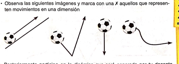 Observa las siguientes imágenes y marca con una X aquellos que represen- 
ten movimientos en una dimensión