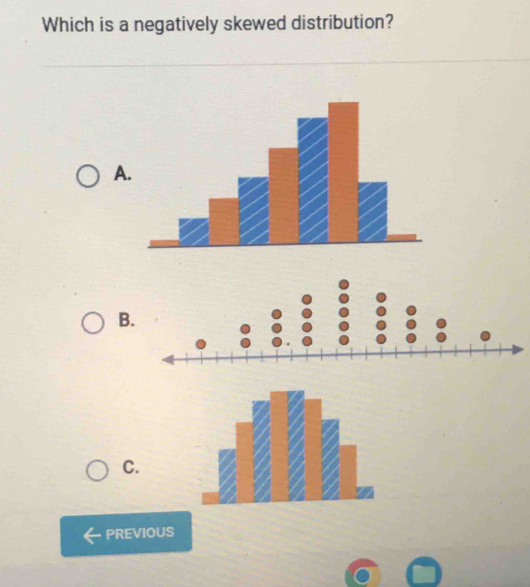 Which is a negatively skewed distribution? 
A 
B 
C. 
PREVIOUS