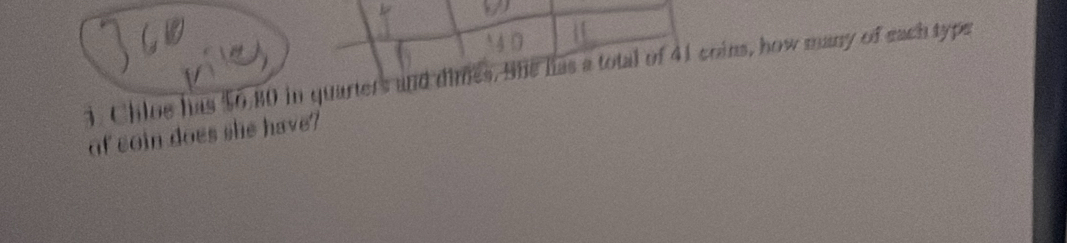 Chloe has $0,80 in quarters and dimes. She has a total of 41 coins, how many of each type 
of coin does she have?