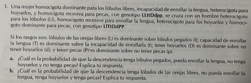 Una mujer homocigota dominante para los lóbulos libres, incapacidad de enrollar la lengua, heterocigota para 
hoyuelos, y homocigota recesiva para pecas, con genotipo LLttDdpp, se cruza con un hombre heterocigoto 
para los lóbulos (Ll), homocigoto recesivo para enrollar la lengua, heterocigoto para los hoyuelos y homoci- 
goto dominante para pecas, con genotipo LITtDdPP. 
Si los rasgos son: lóbulos de las orejas libres (L) es dominante sobre lóbulos pegados (l); capacidad de enrollar 
la lengua (T) es dominante sobre la incapacidad de enrollarla (t); tener hoyuelos (D) es dominante sobre no 
tener hoyuelos (d); y tener pecas (P)*es dominante sobre no tener pecas (p). 
a. ¿Cuál es la probabilidad de que la descendencia tenga lóbulos pegados, pueda enrollar la lengua, no tenga 
hoyuelos y no tenga pecas? Explica tu respuesta. 
b. ¿Cuál es la probabilidad de que la descendencia tenga lóbulos de las orejas libres, no pueda enrollar la 
lengua, tenga hoyuelos y tenga pecas? Explica tu respuesta.