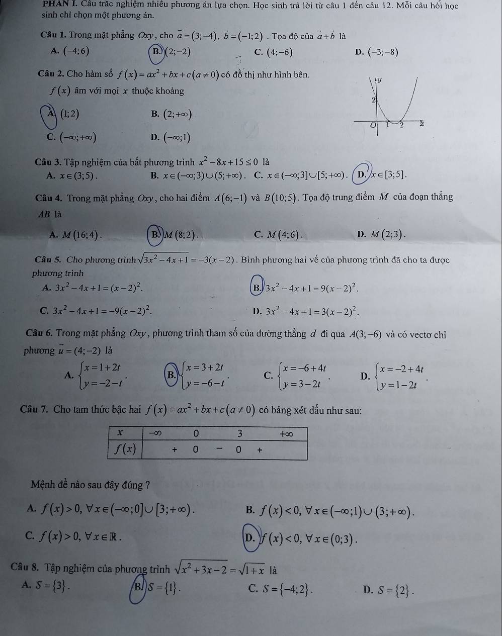 PHAN I. Câu trăc nghiệm nhiều phương án lựa chọn. Học sinh trả lời từ câu 1 đến câu 12. Mhat oi câu hỏi học
sinh chỉ chọn một phương án.
Câu 1. Trong mặt phẳng Oxy, cho vector a=(3;-4),vector b=(-1;2). Tọa độ của vector a+vector b1 à
A. (-4;6) B. (2;-2) C. (4;-6) D. (-3;-8)
Câu 2. Cho hàm số f(x)=ax^2+bx+c(a!= 0) có đồ thị như hình bên.
f(x) âm với mọi x thuộc khoảng
A (1;2)
B. (2;+∈fty )
C. (-∈fty ;+∈fty ) D. (-∈fty ;1)
Câu 3. Tập nghiệm của bất phương trình x^2-8x+15≤ 0 là
A. x∈ (3;5). B. x∈ (-∈fty ;3)∪ (5;+∈fty ) C. x∈ (-∈fty ;3]∪ [5;+∈fty ) D. x∈ [3;5].
Câu 4. Trong mặt phẳng Oxy, cho hai điểm A(6;-1) và B(10;5). Tọa độ trung điểm M của đoạn thẳng
AB là
A. M(16;4). B. M(8;2) C. M(4;6). D. M(2;3).
Câu 5. Cho phương trình sqrt(3x^2-4x+1)=-3(x-2). Bình phương hai vế của phương trình đã cho ta được
phương trình
A. 3x^2-4x+1=(x-2)^2. B. 3x^2-4x+1=9(x-2)^2.
C. 3x^2-4x+1=-9(x-2)^2. D. 3x^2-4x+1=3(x-2)^2.
Câu 6. Trong mặt phẳng Oxy , phương trình tham số của đường thẳng đ đi qua A(3;-6) và có vectơ chỉ
phương vector u=(4;-2) là
A. beginarrayl x=1+2t y=-2-tendarray. . B. beginarrayl x=3+2t y=-6-tendarray. . C. beginarrayl x=-6+4t y=3-2tendarray. . D. beginarrayl x=-2+4t y=1-2tendarray. .
Câu 7. Cho tam thức bậc hai f(x)=ax^2+bx+c(a!= 0) có bảng xét dấu như sau:
Mệnh đề nào sau đây đúng ?
A. f(x)>0,forall x∈ (-∈fty ;0]∪ [3;+∈fty ). B. f(x)<0,forall x∈ (-∈fty ;1)∪ (3;+∈fty ).
C. f(x)>0,forall x∈ R. f(x)<0,forall x∈ (0;3).
D.
Câu 8. Tập nghiệm của phương trình sqrt(x^2+3x-2)=sqrt(1+x) là
A. S= 3 . S= 1 . C. S= -4;2 . D. S= 2 .
Bl