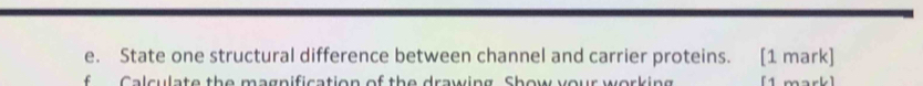 State one structural difference between channel and carrier proteins. [1 mark] 
f C alculate the magnification of the drawing Show your working [1 mark]