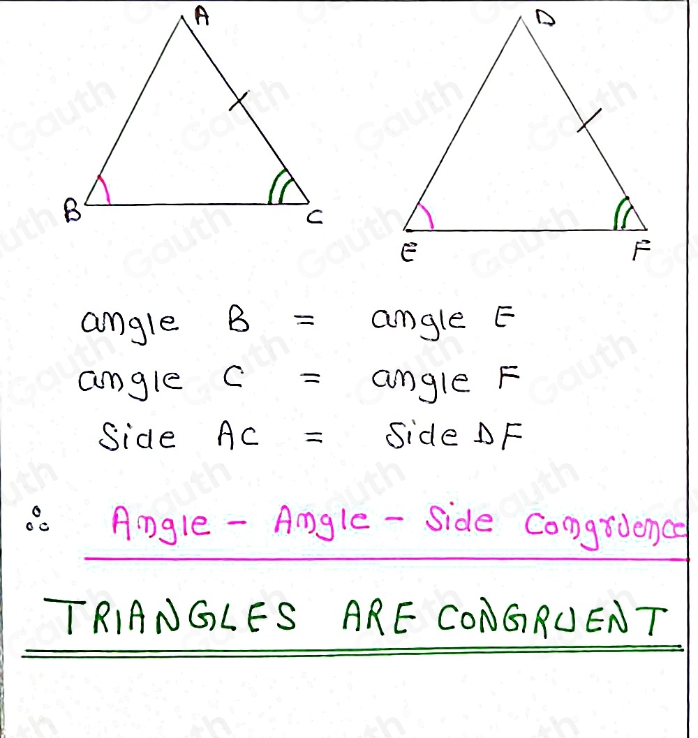 angle B=( an gle 
angle c= ar ) 91 eF
Side AC= 5 ide Delta F
o Angle - Amgle-side congrdonc 
TRIANGLES ARE CONG R∪ ENT