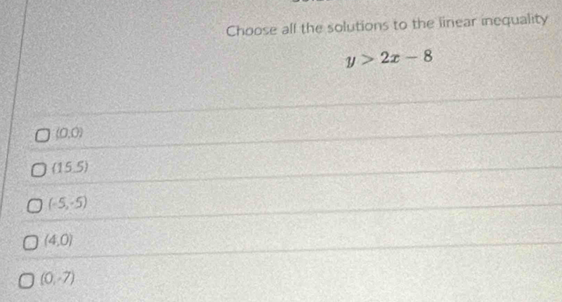 Choose all the solutions to the linear inequality
y>2x-8
(0,0)
(15.5)
(-5,-5)
(4,0)
(0,-7)