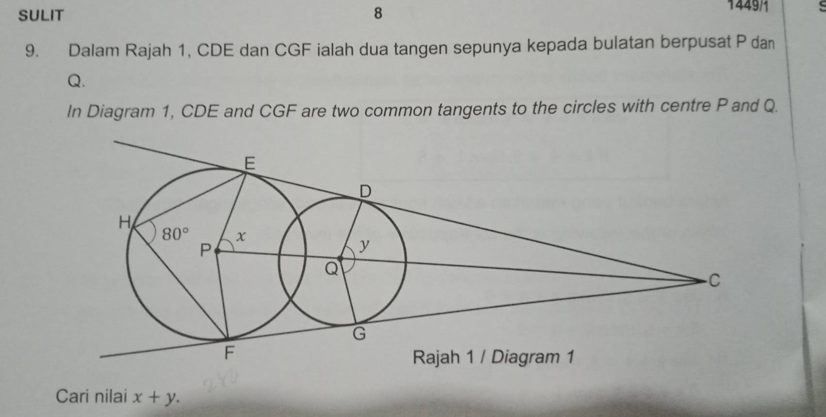 SULIT 8
1449/1
9. Dalam Rajah 1, CDE dan CGF ialah dua tangen sepunya kepada bulatan berpusat P dan
Q.
In Diagram 1, CDE and CGF are two common tangents to the circles with centre P and Q.
Cari nilai x+y.