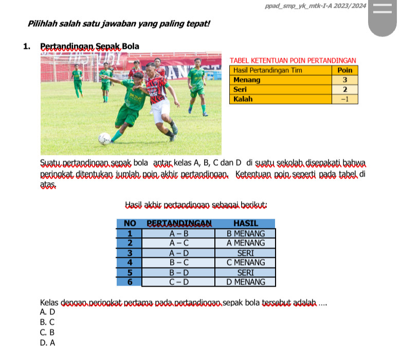 ppad_smp_yk_mtk-I-A 2023/2024
Pilihlah salah satu jawaban yang paling tepat!
1. Pertandingan Senak Bola
ABEL KETENTUAN POIN PERTANDINGAN
Suatu pertandingan sepak bola antar kelas A, B, C dan D di suatu sekolab disepakati babwa
peringkat ditentukan iumlah poin akhir pertandingan. Ketentuan poin seperti pada takel di
atas.
Hasil akhir pertandingan sebagai berikut:
Kelas dengan peringkat pertama pada pertandingan sepak bola tersebut adalah ....
A. D
B. C
C. B
D. A