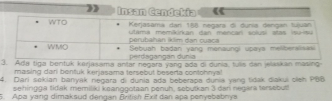 Insan Cendekia 
3 tiga bentuk kerjasama antar negara yang ada di dunia, tulis dan jelaskan masing- 
masing dari bentuk kerjasama tersebut beserta contohnya! 
4. Dari sekian banyak negara di dunia ada beberapa dunia yang tidak diakui oleh PBB 
sehingga tidak memiliki keanggotaan penuh, sebutkan 3 dari negara tersebut! 
5. Apa yang dimaksud dengan British Exit dan apa penyebabnya