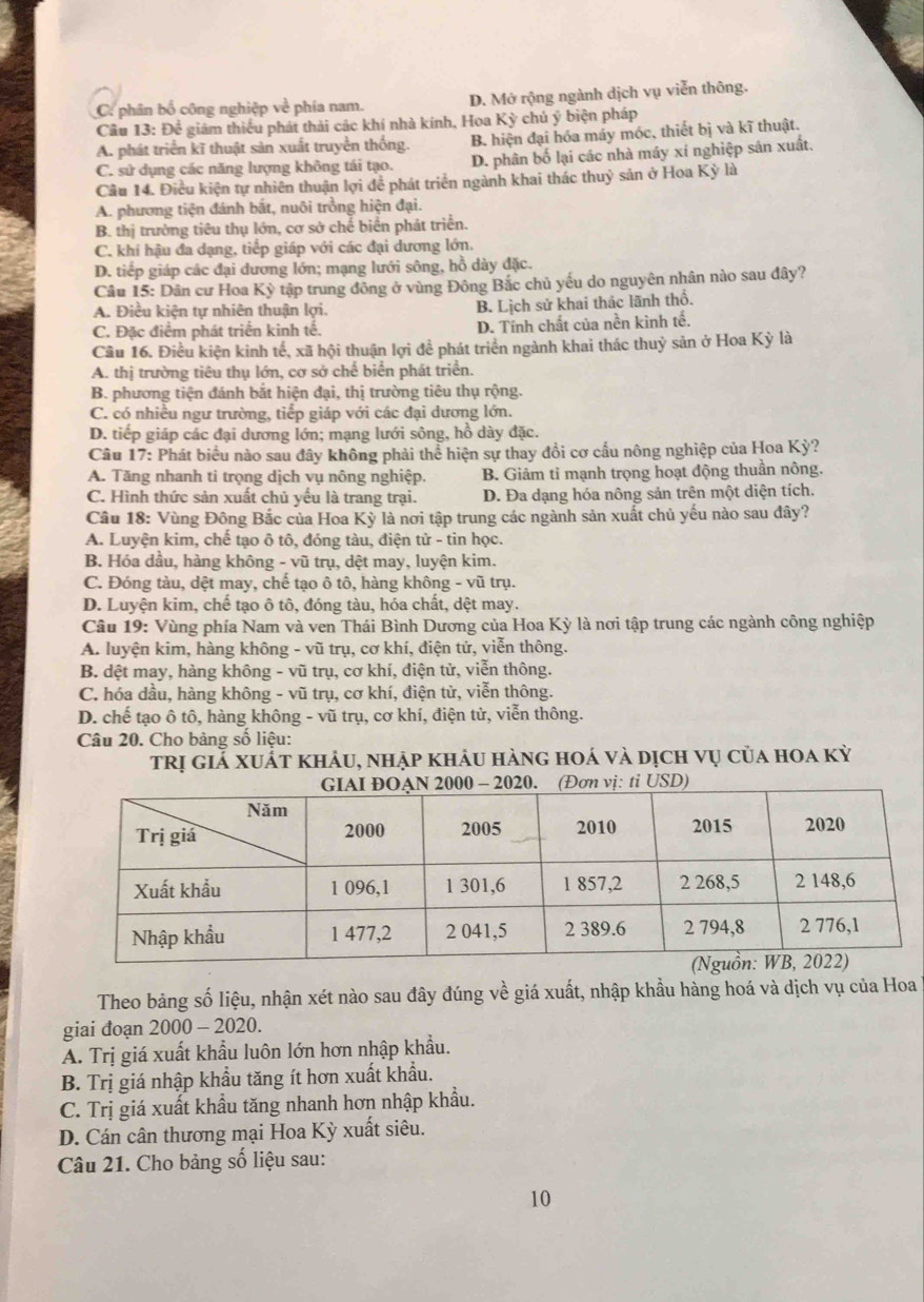 C. phân bố cộng nghiệp về phía nam. D. Mở rộng ngành dịch vụ viễn thông.
Câu 13: Để giám thiếu phát thải các khí nhà kính, Hoa Kỳ chú ý biện pháp
A. phát triển kĩ thuật sản xuất truyền thống. B. hiện đại hóa máy móc, thiết bị và kĩ thuật.
C. sử dụng các năng lượng không tái tạo. D. phân bố lại các nhà máy xí nghiệp sản xuất.
Câu 14. Điều kiện tự nhiên thuận lợi để phát triển ngành khai thác thuỷ sản ở Hoa Kỳ là
A. phương tiện đánh bắt, nuôi trồng hiện đại.
B. thị trường tiêu thụ lớn, cơ sở chế biển phát triển.
C. khí hậu đa dạng, tiếp giáp với các đại dương lớn.
D. tiếp giáp các đại dương lớn; mạng lưới sông, hồ dày đặc.
Câu 15: Dân cư Hoa Kỳ tập trung đồng ở vùng Đông Bắc chủ yếu do nguyên nhân nào sau đây?
A. Điều kiện tự nhiên thuận lợi. B. Lịch sử khai thác lãnh thổ.
C. Đặc điểm phát triển kinh tế. D. Tính chất của nền kình tế.
Cầu 16. Điều kiện kinh tế, xã hội thuận lợi đề phát triển ngành khai thác thuỷ sản ở Hoa Kỳ là
A. thị trường tiêu thụ lớn, cơ sở chế biển phát triển.
B. phương tiện đánh bắt hiện đại, thị trường tiêu thụ rộng.
C. có nhiều ngư trường, tiếp giáp với các đại dương lớn.
D. tiếp giáp các đại dương lớn; mạng lưới sông, hồ dày đặc.
Câu 17: Phát biểu nào sau đây không phải thể hiện sự thay đổi cơ cầu nông nghiệp của Hoa Kỳ?
A. Tăng nhanh ti trọng dịch vụ nông nghiệp. B. Giảm tỉ mạnh trọng hoạt động thuần nông.
C. Hình thức sản xuất chủ yểu là trang trại. D. Đa dạng hóa nông sản trên một diện tích.
Cầu 18: Vùng Đông Bắc của Hoa Kỳ là nơi tập trung các ngành sản xuất chủ yếu nào sau dây?
A. Luyện kim, chế tạo ô tô, đóng tàu, điện từ - tin học.
B. Hóa dầu, hàng không - vũ trụ, dệt may, luyện kim.
C. Đóng tàu, dệt may, chế tạo ô tô, hàng không - vũ trụ.
D. Luyện kim, chế tạo ô tô, đóng tàu, hóa chất, dệt may.
Câu 19: Vùng phía Nam và ven Thái Bình Dương của Hoa Kỳ là nơi tập trung các ngành công nghiệp
A. luyện kim, hàng không - vũ trụ, cơ khí, điện tứ, viễn thông.
B. dệt may, hàng không - vũ trụ, cơ khí, điện tử, viễn thông.
C. hóa dầu, hàng không - vũ trụ, cơ khí, điện tử, viễn thông.
D. chế tạo ô tô, hàng không - vũ trụ, cơ khí, điện tử, viễn thông.
Câu 20. Cho bảng số liệu:
trị giả xuất khảu, nhập khảu hàng hoá và dịch vụ của hoa kỳ
Theo bảng số liệu, nhận xét nào sau đây đúng về giá xuất, nhập khầu hàng hoá và dịch vụ của Hoa
giai đoạn 2000 - 2020.
A. Trị giá xuất khẩu luôn lớn hơn nhập khẩu.
B. Trị giá nhập khẩu tăng ít hơn xuất khẩu.
C. Trị giá xuất khẩu tăng nhanh hơn nhập khẩu.
D. Cán cân thương mại Hoa Kỳ xuất siêu.
Câu 21. Cho bảng số liệu sau:
10