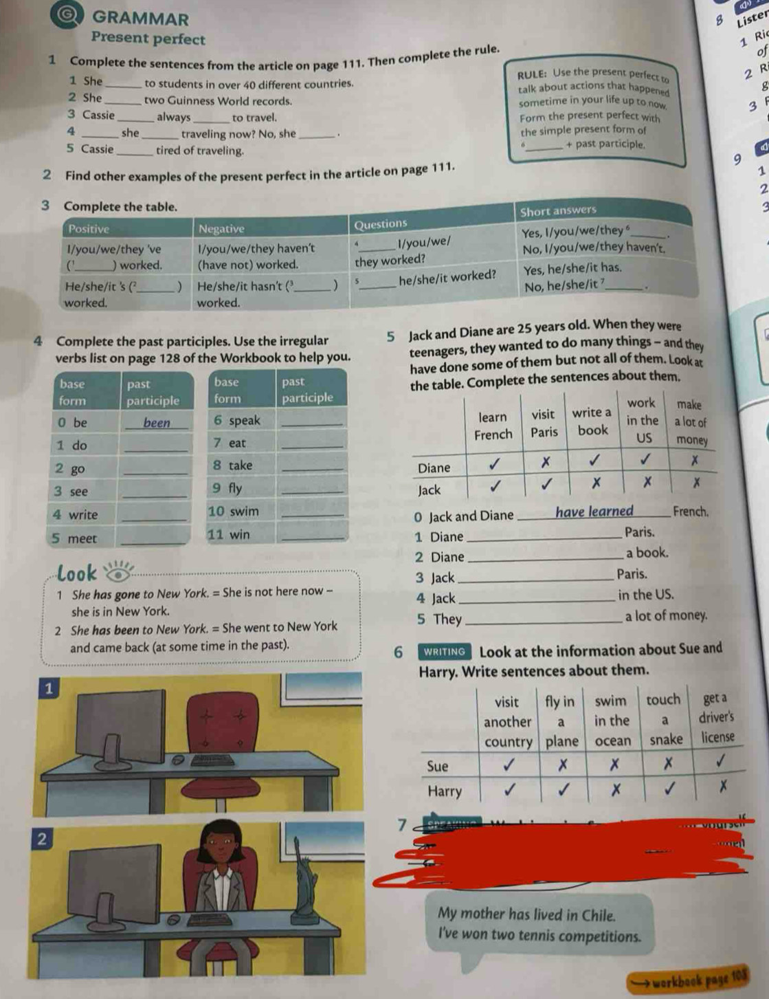 a GRAMMAR 
Lister 
Present perfect 1 Ri 
1 Complete the sentences from the article on page 111. Then complete the rule. 
of 
RULE: Use the present perfect to 
2 R 
1 She_ to students in over 40 different countries. talk about actions that happened 
g 
2 She_ two Guinness World records. sometime in your life up to now 3
3 Cassie_ always to travel. Form the present perfect with 
4 _she_ traveling now? No, she _. the simple present form of 
+ past participle. 
a 
5 Cassie_ tired of traveling. _9 
2 Find other examples of the present perfect in the article on page 111. 
1 
2 
4 Complete the past participles. Use the irregular 5 Jack and Diane are 25 years old. When they were 
verbs list on page 128 of the Workbook to help you. teenagers, they wanted to do many things - and they 
have done some of them but not all of them. Look at 
table. Complete the sentences about them. 
_ 
__have learned _French. 
0 Jack and Diane 
1 Diane _Paris. 
2 Diane _a book. 
Look 3 Jack _Paris. 
1 She has gone to New York. = She is not here now - in the US. 
4 Jack_ 
she is in New York. 
2 She has been to New York. = She went to New York 
5 They _a lot of money. 
and came back (at some time in the past). WRITING Look at the information about Sue and 
6 
Harry. Write sentences about them. 
7 
My mother has lived in Chile. 
I've won two tennis competitions. 
workbook page 103