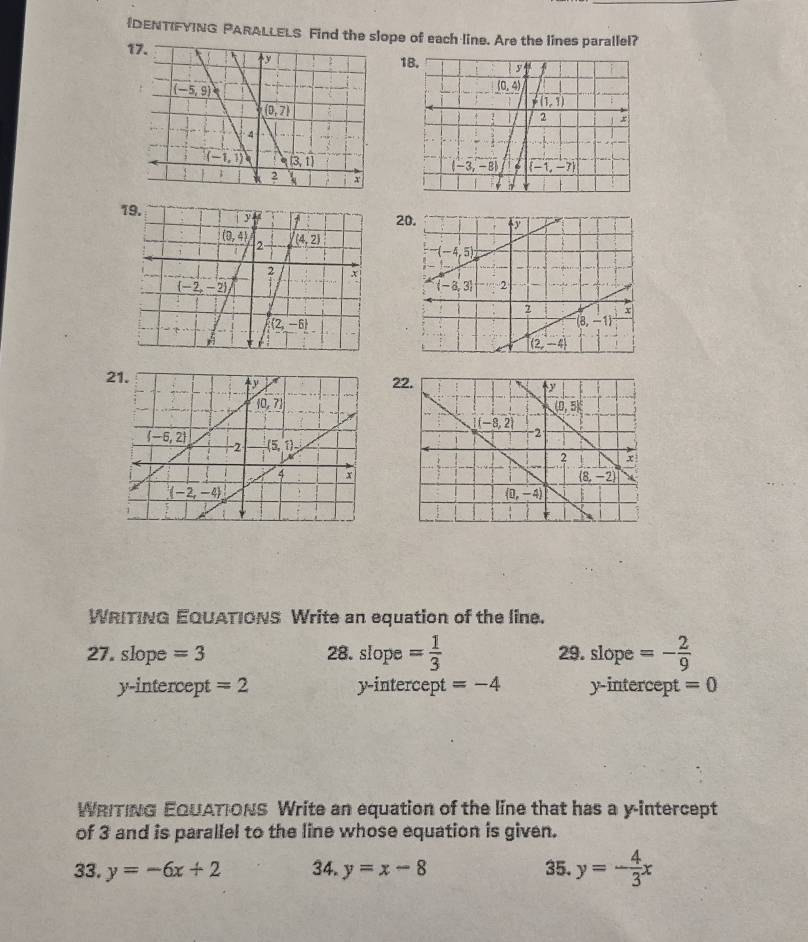 DENTIFYING PARALLELS Find the slope of each line. Are the lines parallel?
1
1
19.2
22
WRITING EQUATIONS Write an equation of the line.
27. slope =3 28. slope = 1/3  29. slope =- 2/9 
y-intercept =2 y-intercept =-4 y-intercept =0
WRITING EQUATIONS Write an equation of the line that has a y-intercept
of 3 and is parallel to the line whose equation is given.
33. y=-6x+2 34. y=x-8 35. y=- 4/3 x