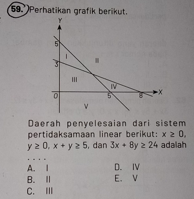 Perhatikan grafik berikut.
Daerah penyelesaian dari sistem
pertidaksamaan linear berikut: x≥ 0,
y≥ 0, x+y≥ 5 , dan 3x+8y≥ 24 adalah
. .
A. I D. IV
B. Ⅱ E. V
C. Ⅲ