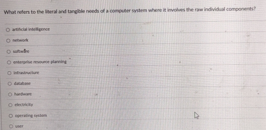 What refers to the literal and tangible needs of a computer system where it involves the raw individual components?
artificial intelligence
network
softwåre
enterprise resource planning
infrastructure
database
hardware
electricity
operating system
user