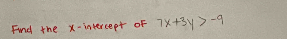 Find the x-intercept of 7x+3y>-9