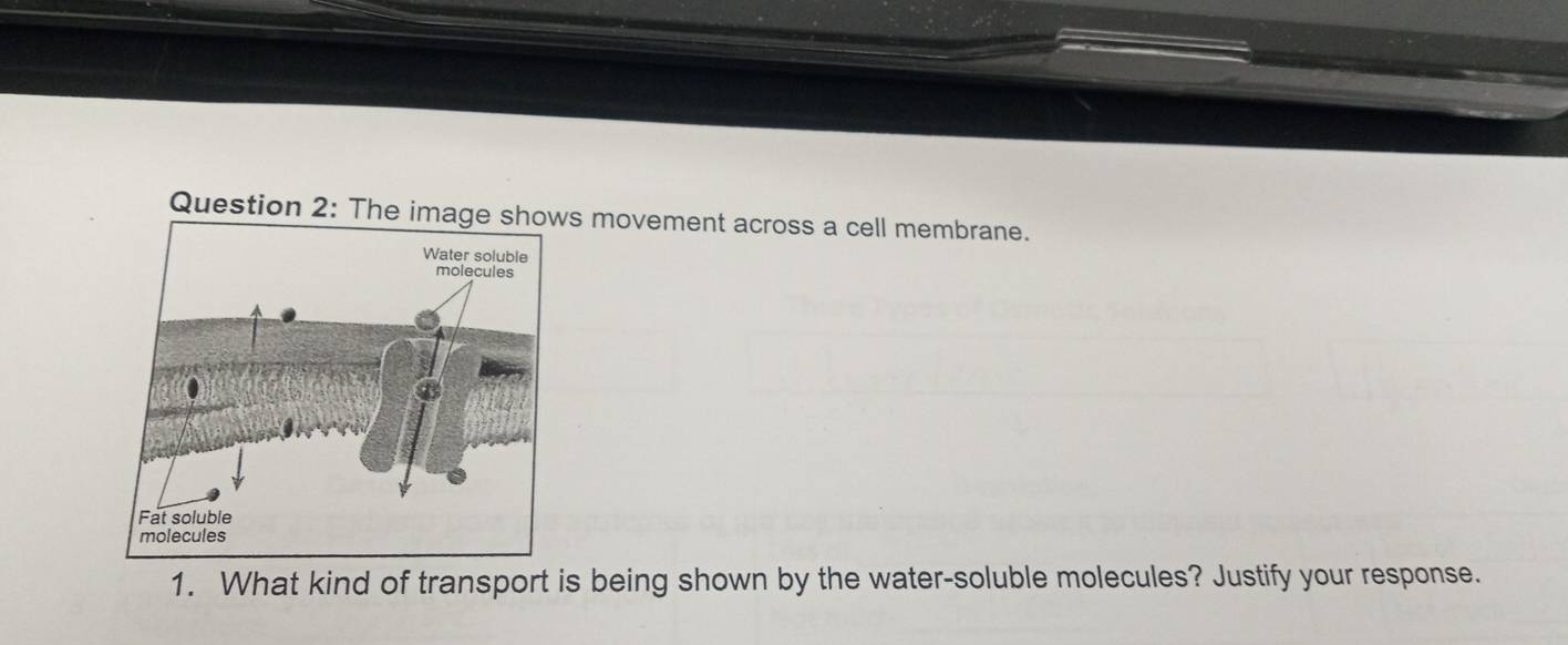 The image shos movement across a cell membrane. 
1. What kind of transport is being shown by the water-soluble molecules? Justify your response.