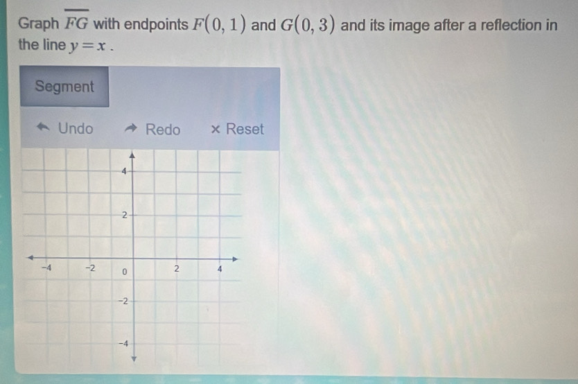 Graph overline FG with endpoints F(0,1) and G(0,3) and its image after a reflection in 
the line y=x. 
Segment 
Undo Redo × Reset