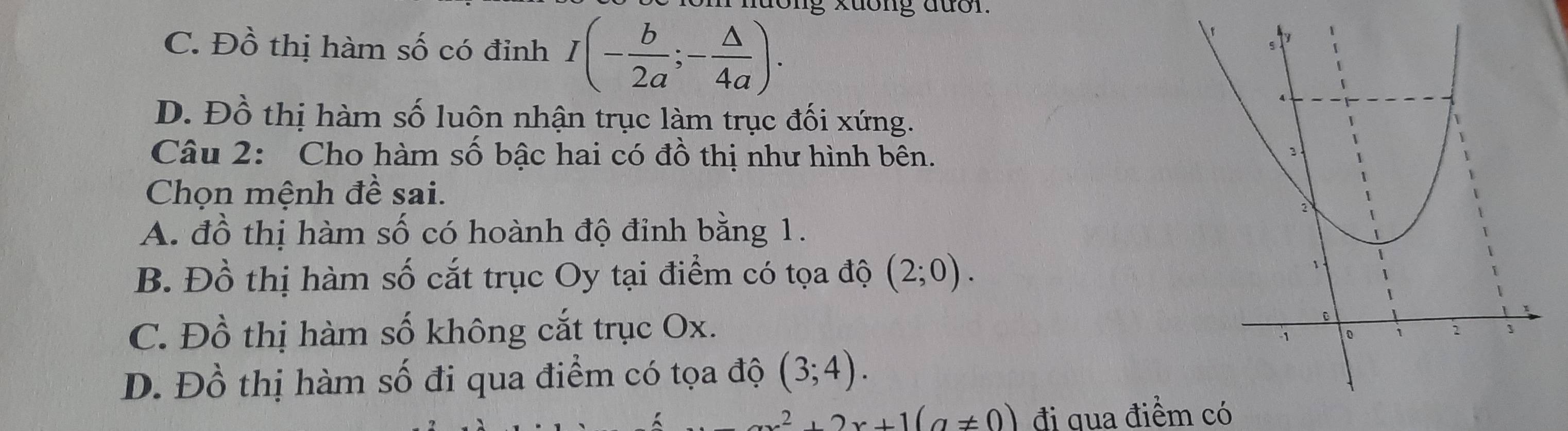 ưong xưống đưon.
C. Đồ thị hàm số có đỉnh I(- b/2a ;- △ /4a ).
D. Đồ thị hàm số luôn nhận trục làm trục đối xứng.
Câu 2: Cho hàm số bậc hai có đồ thị như hình bên.
Chọn mệnh đề sai.
A. đồ thị hàm số có hoành độ đỉnh bằng 1.
B. Đồ thị hàm số cắt trục Oy tại điểm có tọa độ (2;0).
C. Đồ thị hàm số không cắt trục Ox.
D. Đồ thị hàm số đi qua điểm có tọa độ (3;4).
2x+1(a!= 0) đi qua điểm có