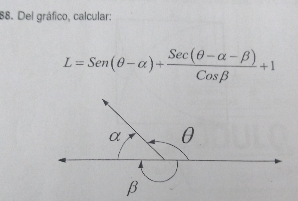 Del gráfico, calcular:
L=Sen(θ -alpha )+ (Sec(θ -alpha -beta ))/Cosbeta  +1