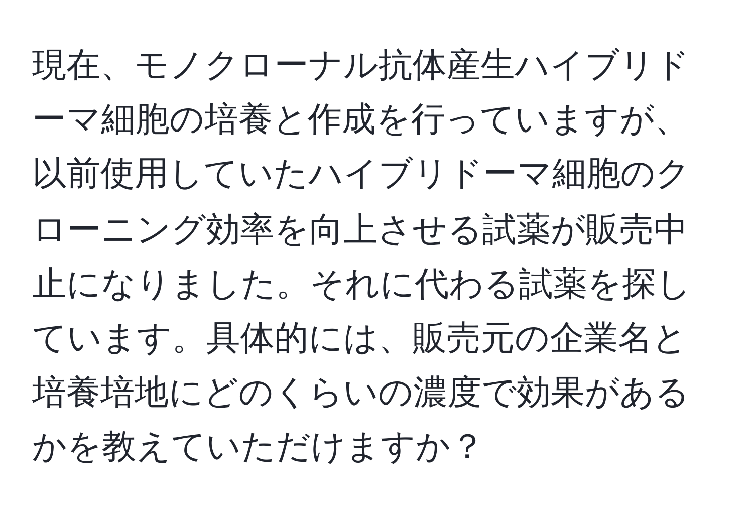 現在、モノクローナル抗体産生ハイブリドーマ細胞の培養と作成を行っていますが、以前使用していたハイブリドーマ細胞のクローニング効率を向上させる試薬が販売中止になりました。それに代わる試薬を探しています。具体的には、販売元の企業名と培養培地にどのくらいの濃度で効果があるかを教えていただけますか？