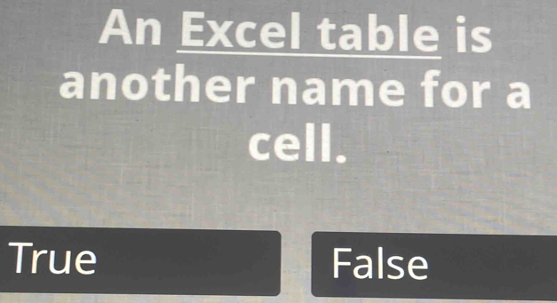 An Excel table is
another name for a
cell.
True False