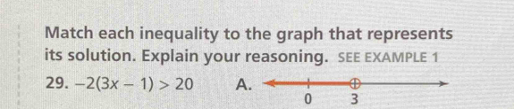 Match each inequality to the graph that represents 
its solution. Explain your reasoning. SEE EXAMPLE 1 
29. -2(3x-1)>20 A