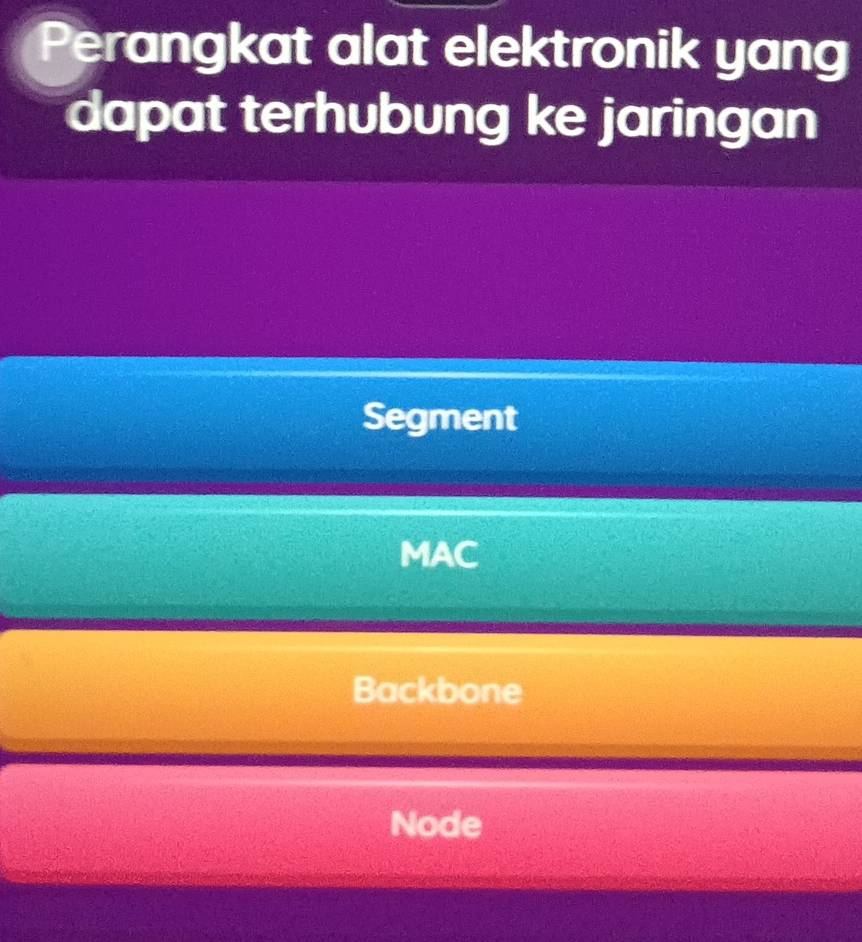 Perangkat alat elektronik yang
dapat terhubung ke jaringan
Segment
MAC
Backbone
Node