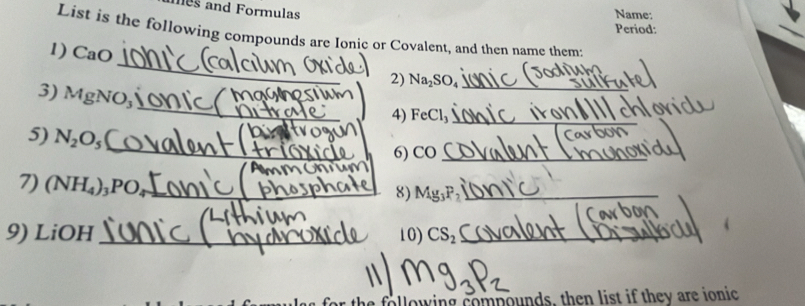 es and Formulas 
Name: 
Period: 
List is the following compounds are Ionic or Covalent, and then name them 
_ 
1) CaO
2) Na₂SO₄ _ 
_ 
3) MgNO₃
4) FeCl₃ _ 
_ 
5) N_2O_5
6) CO _ 
7) (NH_4) PO __8) Mg_3P_2 _ 
9) LiOH _ 10) CS_2 _ 
a fllowing compounds, then list if they are ionic