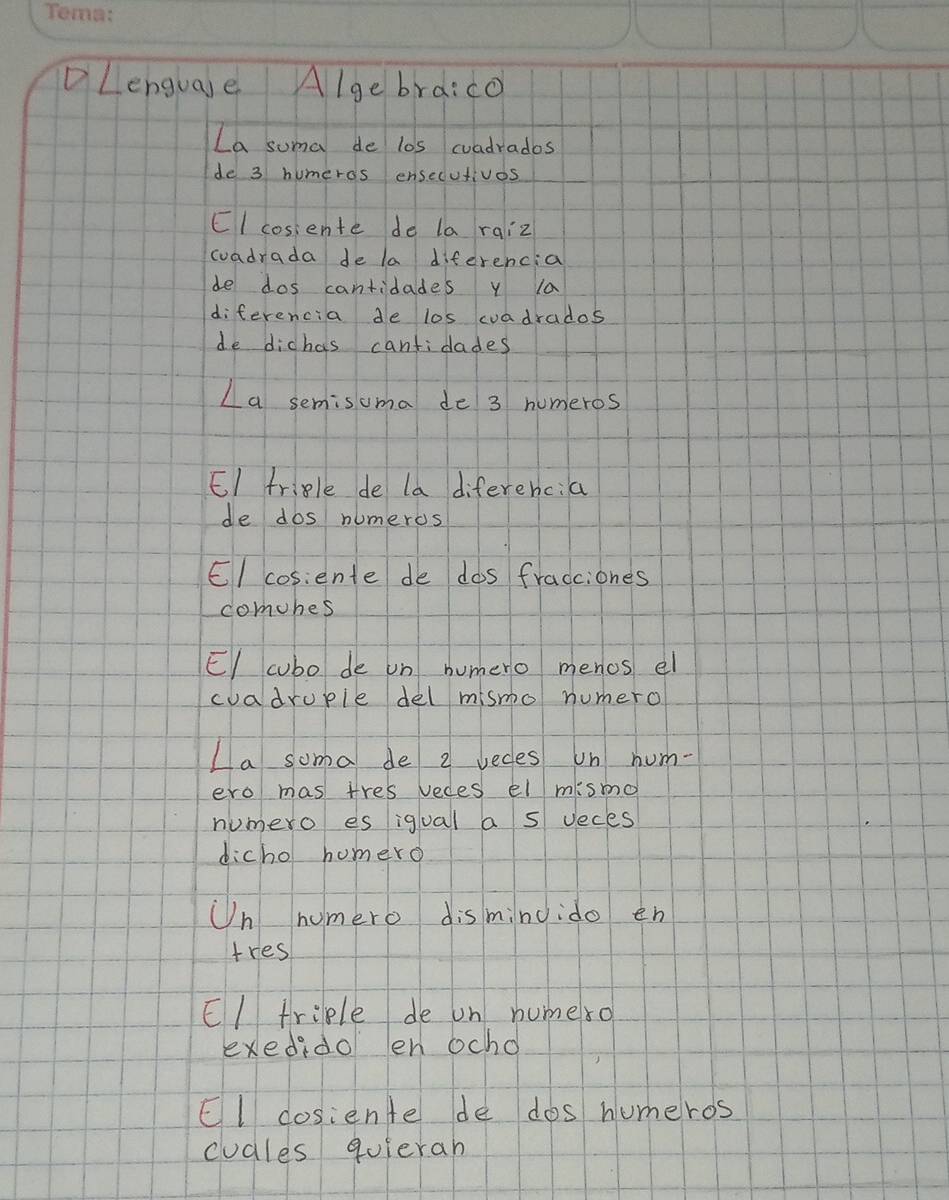 DLenguale Algebrdico 
La suma de los coadrados 
de 3 humeros ensecutiods 
Cl cosiente do la raiz 
coadrada de la diferencia 
de dos cantidades y la 
diferencia de los cuadrados 
de dichas cantidades 
La semisoma de 3 humeros 
EI triple de la diferencia 
de dos numeros 
El cosiente de dos fracciones 
comones 
EI cubo de un humero menos el 
cuadrople del mismo numero 
La soma de 2 vedes un num- 
ero mas tres vedes el mismo 
numero es igual a s veces 
dicho homero 
Un humero disminoido en 
tres 
El triple de on numero 
exedido en ocho 
Cl cosiente de dos humeros 
cudles quierah