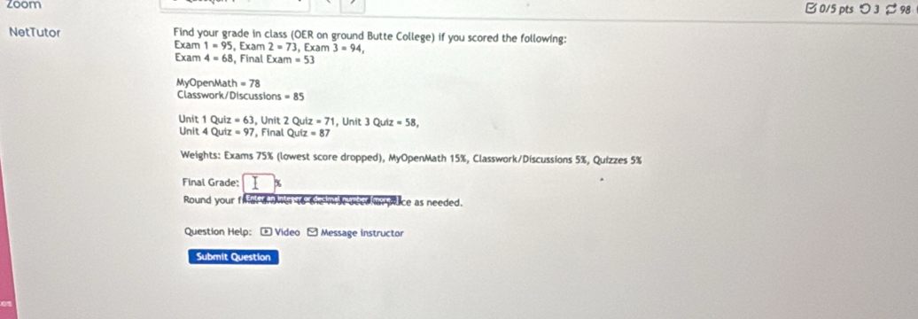 zoom 0/5 pts つ 3 % 98 
NetTutor Find your grade in class (OER on ground Butte College) if you scored the following: 
Exam 1=95 , Exam 2=73 , Exam 3=94, 
Exam 4=68 , Final Exam=53
MyOpenMath =78
Classwork/Discussions =85
Unit 1 Quiz =63 , Unit 2Quiz=71 , Unit 3Quiz=58, 
Unit 4 Quiz =97 , Final Qutz=87
Weights: Exams 75% (lowest score dropped), MyOpenMath 15%, Classwork/Discussions 5%, Quizzes 5%
Final Grade: I 
Round your fiat aver to the n a bees ar pace as needed. 
Question Help: - Video P Message instructor 
Submit Question