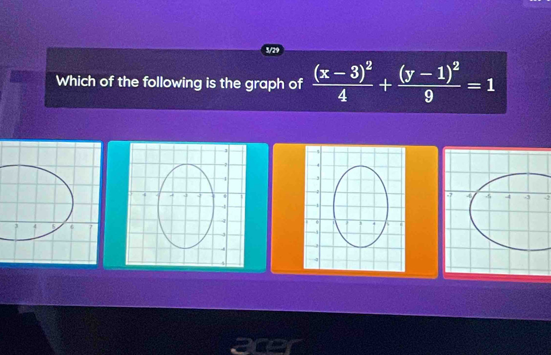 3/29
Which of the following is the graph of frac (x-3)^24+frac (y-1)^29=1
5
-2