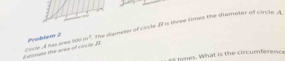 diametel 
5 

diameter (m) 
Circle A has area 500in^2. The diameter of circle B is three times the diameter of circle A
Problem 2 
Estimate the area of circle B.
55 times. What is the circumference