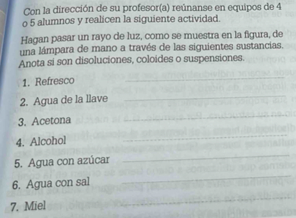 Con la dirección de su profesor(a) reúnanse en equipos de 4
o 5 alumnos y realicen la siguiente actividad. 
Hagan pasar un rayo de luz, como se muestra en la figura, de 
una lámpara de mano a través de las siguientes sustancias. 
Anota si son disoluciones, coloides o suspensiones. 
1. Refresco 
_ 
2. Agua de la llave_ 
3. Acetona 
_ 
4. Alcohol 
_ 
5. Agua con azúcar 
_ 
6. Agua con sal 
_ 
7. Miel 
_ 
_