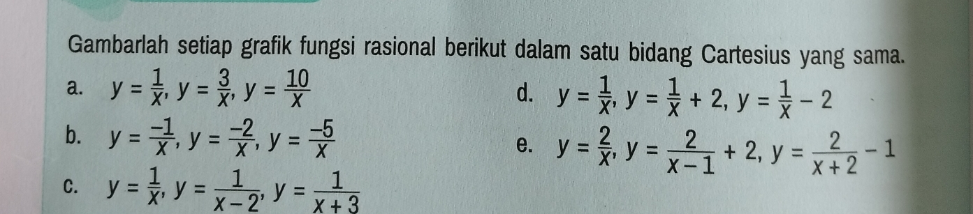 Gambarlah setiap grafik fungsi rasional berikut dalam satu bidang Cartesius yang sama. 
a. y= 1/x , y= 3/x , y= 10/x  d. y= 1/x , y= 1/x +2, y= 1/x -2
b. y= (-1)/x , y= (-2)/x , y= (-5)/x  e. y= 2/x , y= 2/x-1 +2, y= 2/x+2 -1
C. y= 1/x , y= 1/x-2 , y= 1/x+3 