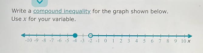 Write a compound inequality for the graph shown below. 
Use x for your variable.
-10 -9 -8 -7 -6 -5 -4 -3 -2 -1 0 1 2 3 4 5 6 7 8 9 10 x