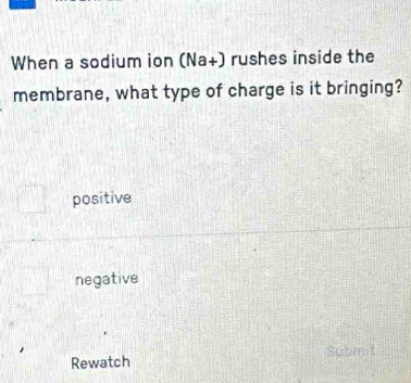 When a sodium ion (Na+) rushes inside the
membrane, what type of charge is it bringing?
positive
negative
Rewatch Submit