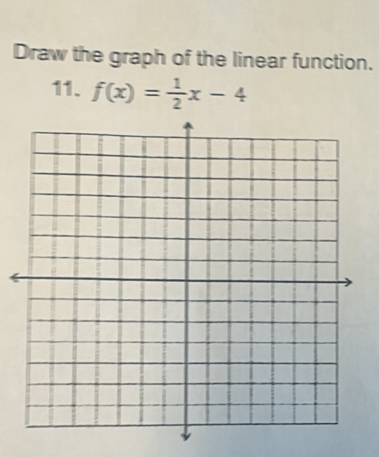 Draw the graph of the linear function. 
11. f(x)= 1/2 x-4