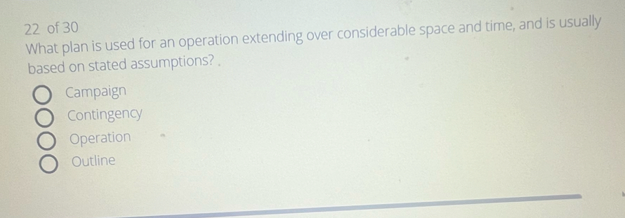 of 30
What plan is used for an operation extending over considerable space and time, and is usually
based on stated assumptions? .
Campaign
Contingency
Operation
Outline