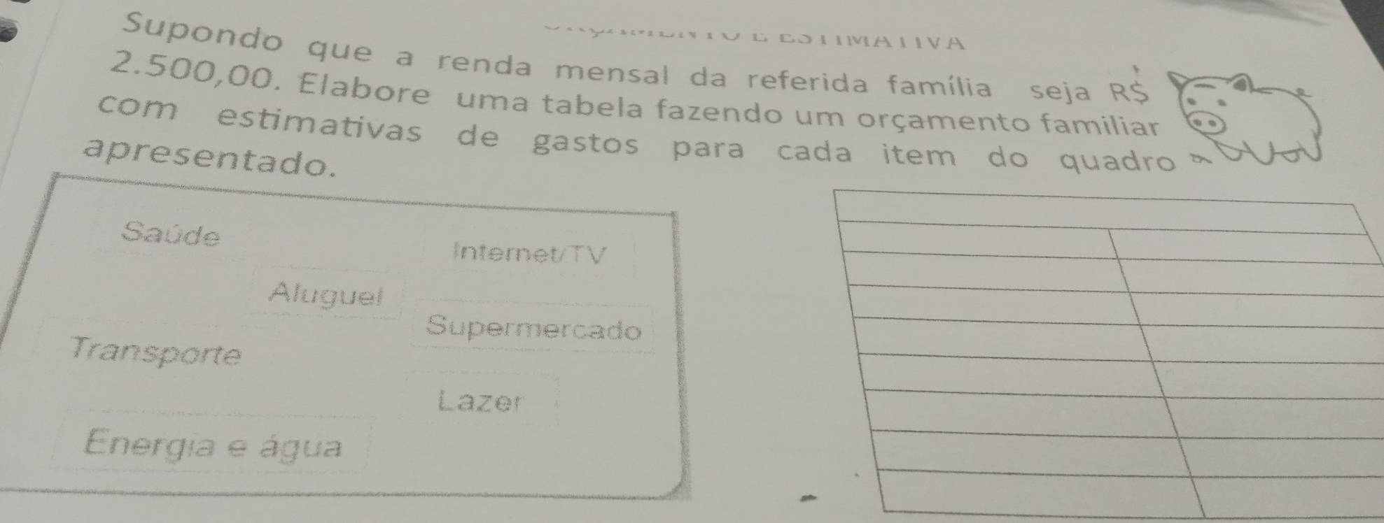 LIVA 
Supondo que a renda mensal da referida família seja R$
2.500,00. Elabore uma tabela fazendo um orçamento familiar 
com estimativas de gastos para cada item do quadro ~ 
apresentado. 
Saúde 
Internet/TV 
Aluguel 
Supermercado 
Transporte 
Lazer 
Energia e água