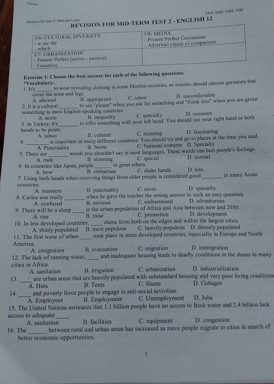 12ª1, 12ª2, 12a3, 12a5
Revision for the Mid-term test
ERM TEST 2 - ENGLISH 12
Exercise 1: Choose the best answer for each of the following questions.
*Vocabulary:
1. It's to wear revealing clothing in some Muslim societies, so tourists should choose garments that
cover the arms and legs
A. allowed B. appropriate C. taboo D. uncomfortable
2. It is a cultural _to say "please" when you ask for something and "thank you" when you are given
something in most English-speaking countries.
A. norm B. inequality C. specialty D. occasion
3. In Turkey, it's _to offer something with your left hand. You should use your right hand or both
hands to be polite.
A. taboo B. cultural C. stunning D. fascinating
4._ is important in many different countries. You should try and go to places at the time you said.
A. Punctuality B. Norm C. National costume D. Specialty
5. There are_ words you shouldn't say in most languages. These words can hurt people's feelings.
A. rude B. stunning C. special D. normal
6. In countries like Japan, people _to greet others.
A. bow B. embarrass C. shake hands D. kiss
7. Using both hands when receiving things from older people is considered good_ in many Asian
countries.
A. manners B. punctuality C. norm D. specialty
8. Carlos was really _when he gave the teacher the wrong answer to such an easy question.
A. confused B. envious C. embarrassed D. adventurous
9. There will be a sharp _in the urban population of Africa and Asia between now and 2050.
A. rise B. raise C. promotion D. development
10. In less developed countries, _slums form both on the edges and within the largest cities.
A. thinly populated B. most populous C. heavily populous D. densely populated
11. The first wave of urban _took place in more developed countries, especially in Europe and North
America.
A. emigration B. evacuation C. migration D. immigration
12. The lack of running water, _and inadequate housing leads to deadly conditions in the slums in many
cities in Africa.
A. sanitation B. irrigation C. urbanization D. industrialization
13. _are urban areas that are heavily populated with substandard housing and very poor living conditions
A. Huts B. Tents C. Slums D. Cottages
14._ and poverty force people to engage in anti-social activities.
A. Employees B. Employment C. Unemployment D. Jobs
15. The United Nations estimates that 1.1 billion people have no access to fresh water and 2.4 billion lack
access to adequate _.
A. sanitation B. facilities C. equipment D. congestion
_
16. The between rural and urban areas has increased as more people migrate to cities in search of
better economic opportunities.
1