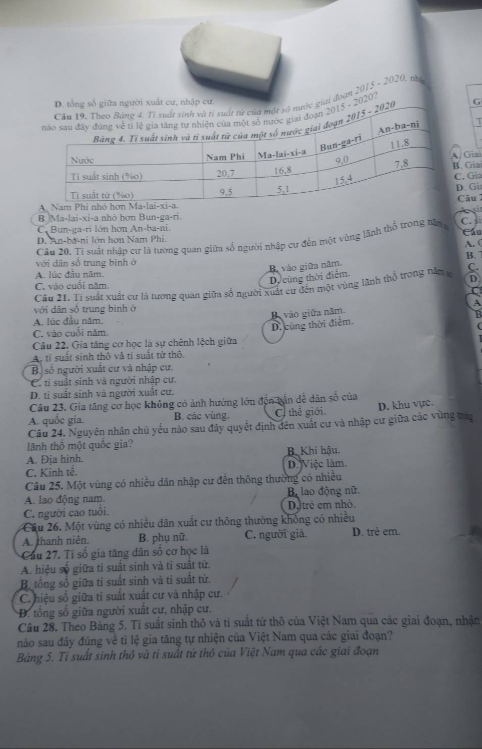 đoạn 2015 - 2020, tửa
20?G
T
Giai
Gia
. Gia
. Gia
âu 1
A sir
B. Ma-lai-xi-a nhỏ hơn Bun-ga-ri.
C. Bun-ga-ri lớn hơn An-ba-ni. Cấu
Câu 20. Ti suất nhập cư là tương quan giữa số người nhập cư đến một vùng lãnh thổ trong năm C. 5
D. An-bà-ni lớn hơn Nam Phi.
A. (
B.
với dân số trung bình ở
A. lúc đầu năm.
B. vào giữa năm.
D.
Câu 21. Ti suất xuất cư là tương quan giữa số người xuất cư đến một vùng lãnh thổ trong năm C.
C. vào cuối năm.
D. cùng thời điểm.
với dân số trung bình ở A
Bi vào giữa năm.
A. lúc đầu năm.
C. vào cuối năm.
D. cùng thời điểm.
Câu 22. Gia tăng cơ học là sự chênh lệch giữa
A. tỉ suất sinh thô và tỉ suất từ thô.
B. số người xuất cư và nhập cư.
C. ti suất sinh và người nhập cư.
D. tỉ suất sinh và người xuất cư.
Câu 23. Gia tăng cơ học không có ảnh hưởng lớn đến vấn đề dân số của
A. quốc gia. B. các vùng. C thế giới. D. khu vực.
Câu 24. Nguyên nhân chủ yếu nào sau đây quyết định đên xuất cư và nhập cư giữa các vùng trg
lãnh thổ một quốc gia?
A. Địa hình. B. Khí hậu.
D.Việc làm.
C. Kinh tế.
Câu 25. Một vùng có nhiều dân nhập cư đến thông thường có nhiều
A. lao động nam. B lao động nữ.
C. người cao tuổi. D. trẻ em nhỏ.
Cầu 26. Một vùng có nhiều dân xuất cư thông thường khống có nhiều
A. thanh niên. B. phụ nữ. C. người giả. D. trẻ em.
Cầu 27. Tỉ số gia tăng dân số cơ học là
A. hiệu số giữa tỉ suất sinh và tỉ suất tử.
B tổng số giữa ti suất sinh và ti suất tử.
C. hiệu số giữa ti suất xuất cư và nhập cư.
D. tổng số giữa người xuất cự, nhập cư.
Câu 28. Theo Bảng 5. Tỉ suất sinh thô và tỉ suất tử thô của Việt Nam qua các giai đoạn, nhận
nào sau đây đúng về ti lệ gia tăng tự nhiện của Việt Nam qua các giai đoạn?
Bảng 5. Tỉ suất sinh thô và tỉ suất tử thô của Việt Nam qua các giai đoạn