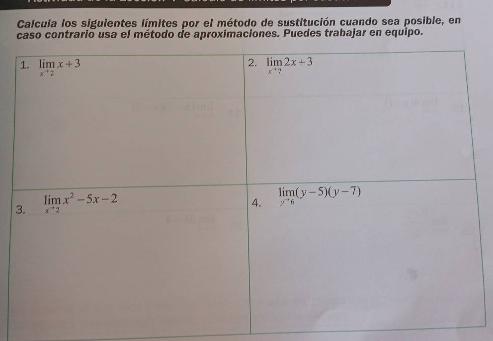 Calcula los siguientes límites por el método de sustitución cuando sea posible, en
caso contrario usa el método de aproximaciones. Puedes trabajar en equipo.