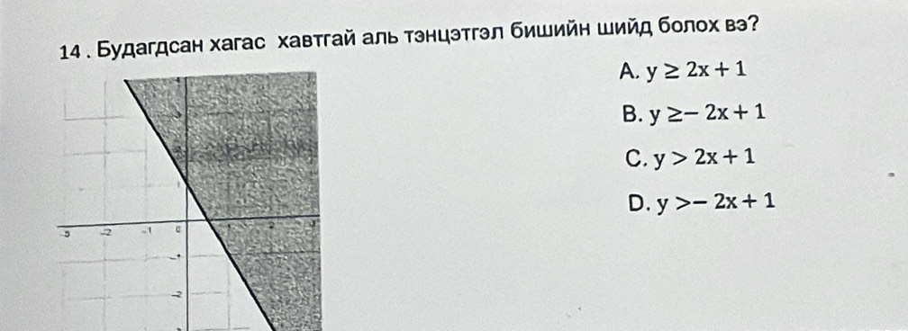 14 . Будагдсан хагас хавтгай аль тэнцэтгэл бишийη шийд болох в?
A. y≥ 2x+1
B. y≥ -2x+1
C. y>2x+1
D. y>-2x+1