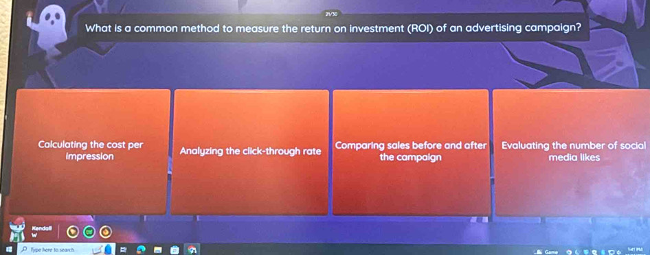 What Is a common method to measure the return on investment (ROI) of an advertising campaign?
Calculating the cost per Analyzing the click-through rate Comparing sales before and after Evaluating the number of social
Impression the campaign media likes
Type here to search